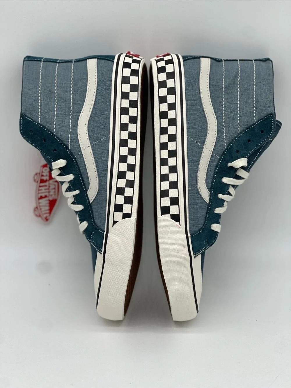 Vans Mid-Top Sneakers in Teal and White with Checkerboard Sole